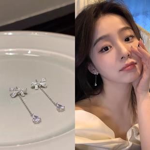 流苏锆石蝴蝶结耳环女秋冬轻奢设计感耳钉长款 无耳洞耳夹精致耳饰