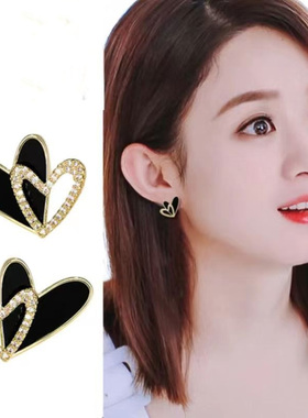 冷淡甜酷黑色爱心耳环女小众气质设计感耳钉高级镶钻桃心耳饰新款