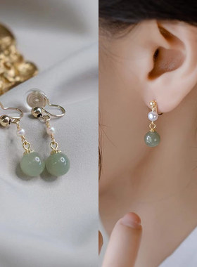 仿和田玉复古绿珠子耳钩汉服新中式耳钉中国风耳饰女无耳洞耳夹