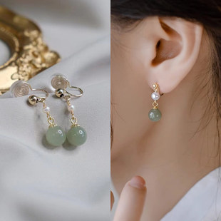 仿和田玉复古绿珠子耳钩汉服新中式耳钉中国风耳饰女无耳洞耳夹