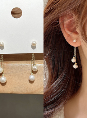 长款流苏珍珠耳环女显脸瘦双珠吊坠耳钉轻奢高级耳饰女小众设计感