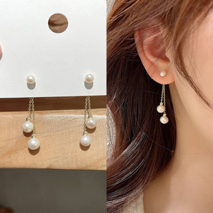 长款 流苏珍珠耳环女显脸瘦双珠吊坠耳钉轻奢高级耳饰女小众设计感