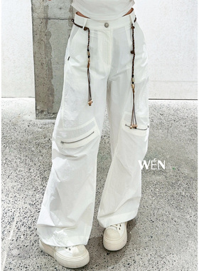 WEN买手店  AVVENN 2025夏季新款时尚休闲编织腰链工装裤 白色