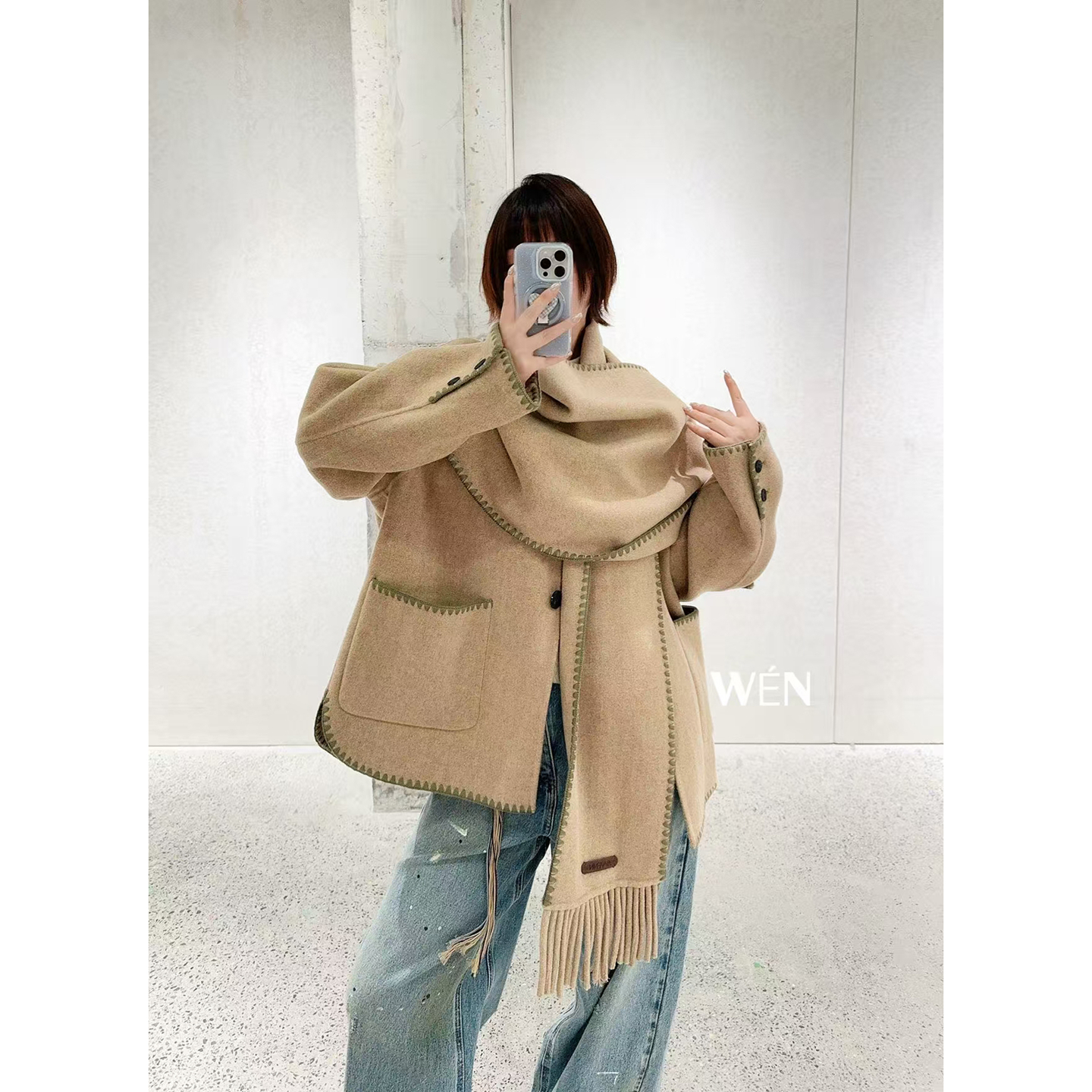 WEN买手店AVVENN   2025新款时尚休闲流苏围巾大衣外套 黄绿色