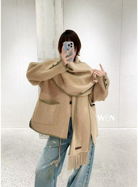 WEN买手店AVVENN   2025新款时尚休闲流苏围巾大衣外套 黄绿色