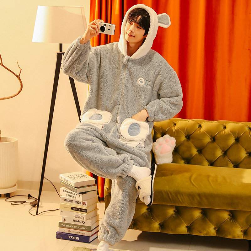 秋冬季珊瑚绒睡衣男士冬款套装加厚加绒法兰绒连体家居服男款冬天