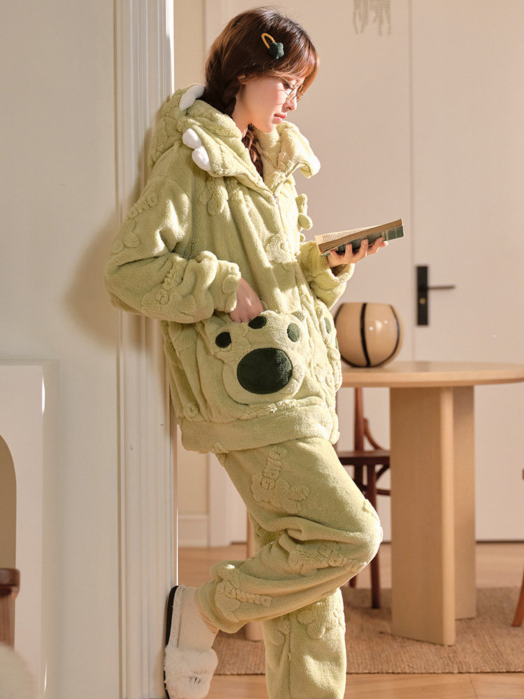 CORAL VELVET PAJAMAS WOMENS WINTER 2024 NEW THICKENED FLEECE FLANNEL PLUSH AUTUMN WINTER LOUNGEWEAR SET