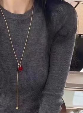 高级感新年本命年红色珠子毛衣链女时尚个性抽拉项链2025年新款