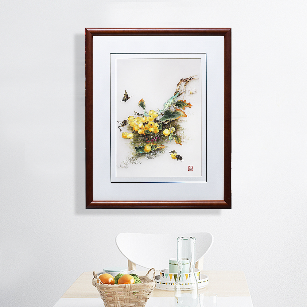 顾氏手工苏绣枇杷水果 黄金果 硕果累累 新中式家居餐厅刺绣挂画