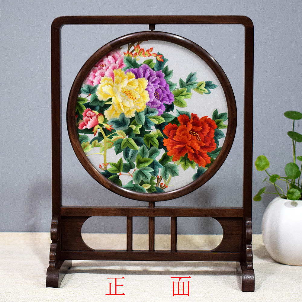 顾氏手工非遗苏绣双面异色绣牡丹 花开富贵商务乔迁外宾礼品摆件