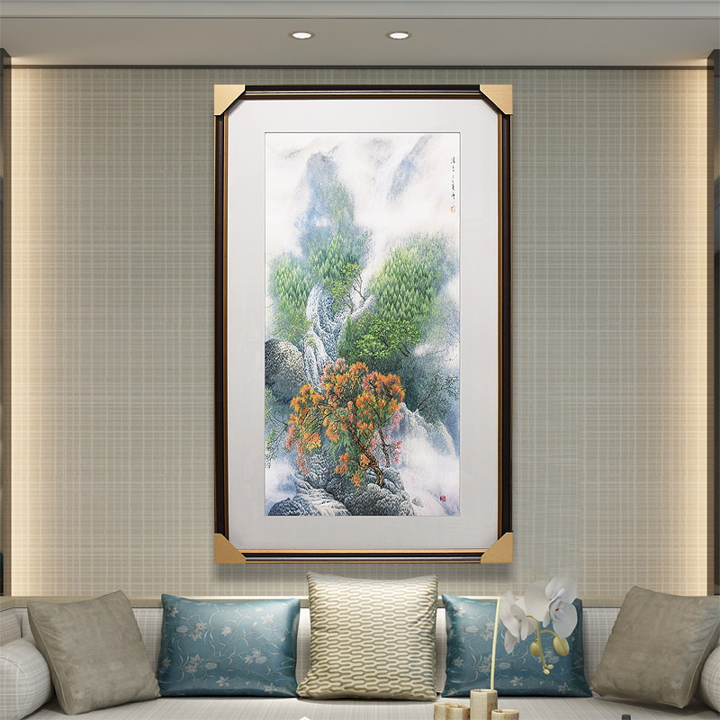 75*125顾氏手工风景 青山绿水山谷瀑布 入户门玄关书房中式刺绣画