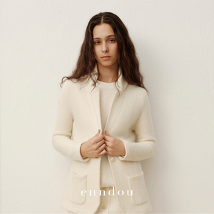 羊绒白色外套西服短款 秋冬新款 纽扣上衣 100%羊绒立领西装 enndou