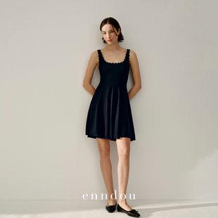 enndou2026春装 100%纯山羊绒波浪吊带长裙休闲连衣裙原创裙子 新款