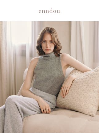 enndou 100%纯山羊绒秋季高领上衣毛针织衫堆堆领马甲无袖打底衫