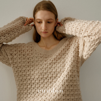 enndou春装羊绒镂空大圆领针织衫