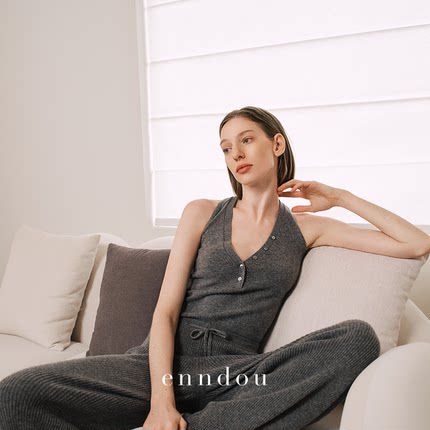 enndou [明星同款]100%山羊绒吊带上衣灰色V领修身高级感针织背心