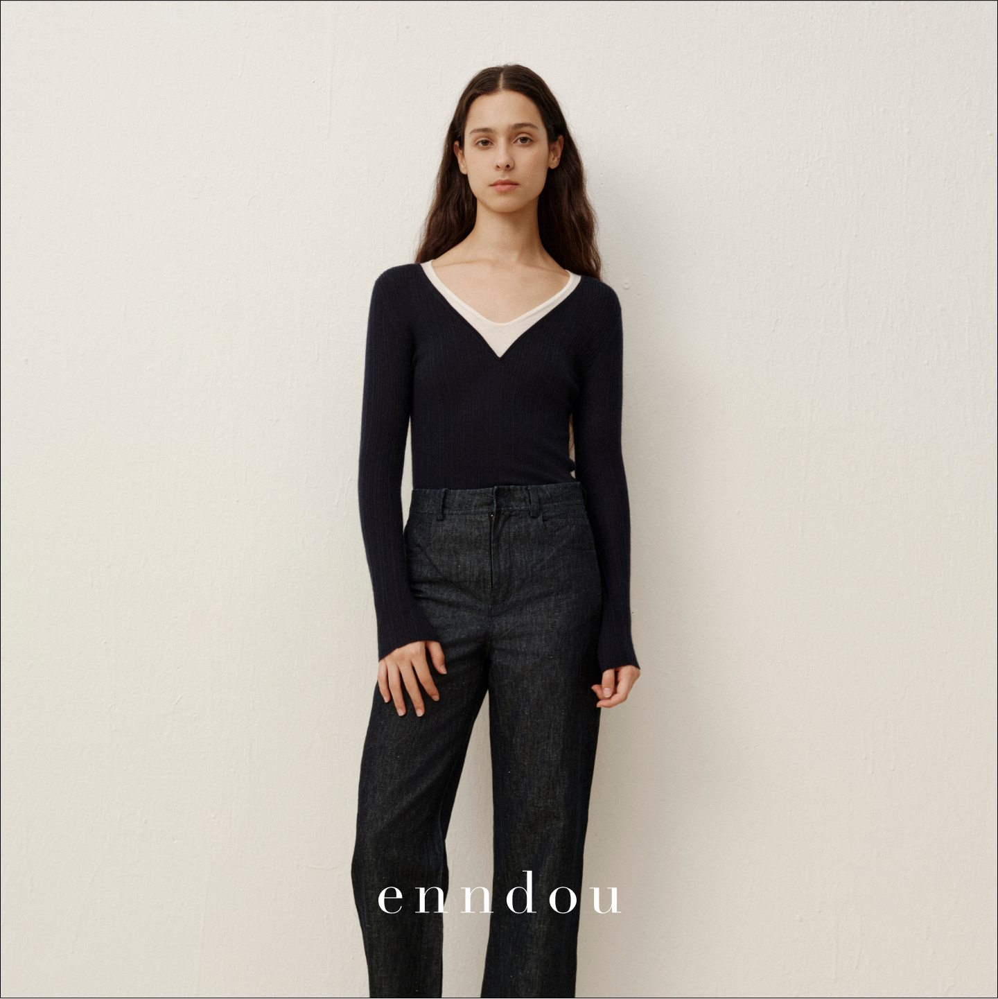 enndou100%羊绒假两件v领针织衫