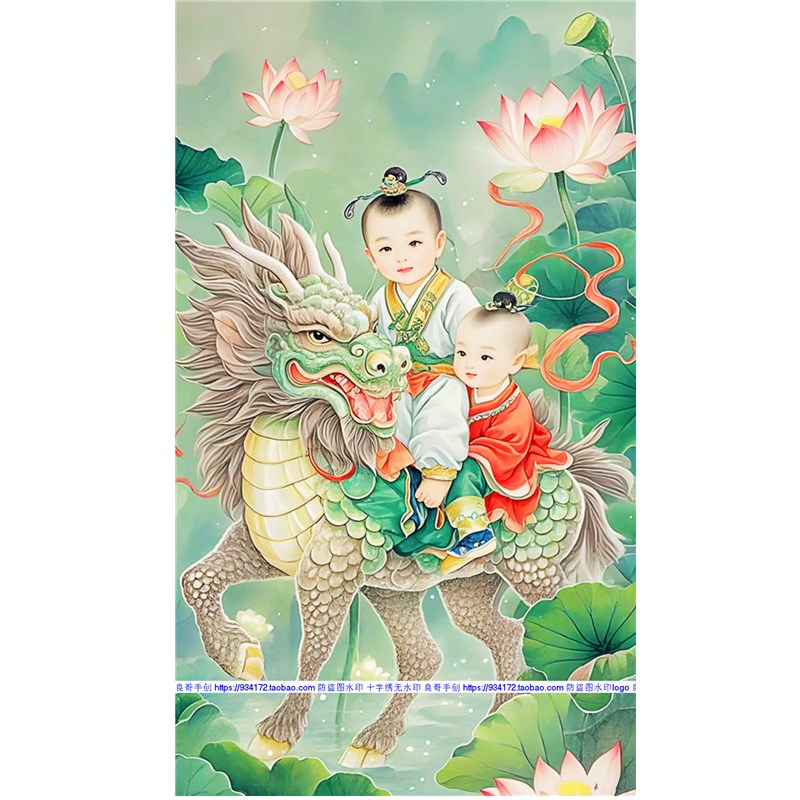 麒麟送子图十字绣满绣印花