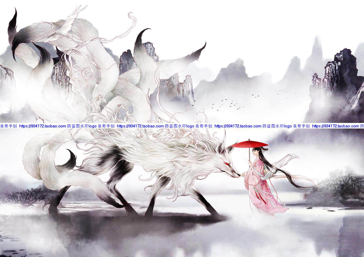 线绣 满绣印花印布包邮 美人图九尾狐十字绣 九尾狐美人