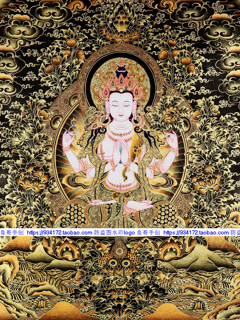 线绣 满绣印花印布包邮 四臂观音十字绣 黑金四臂观音