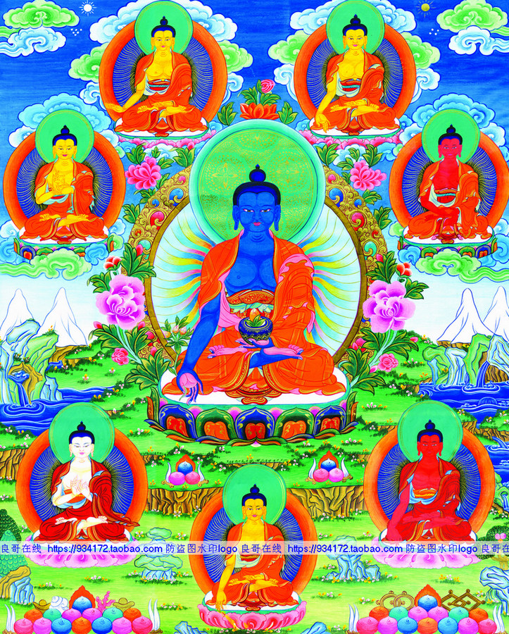 线绣 满格全绣 印布印花 丝线 药师八佛图十字绣 唐卡 八药师佛