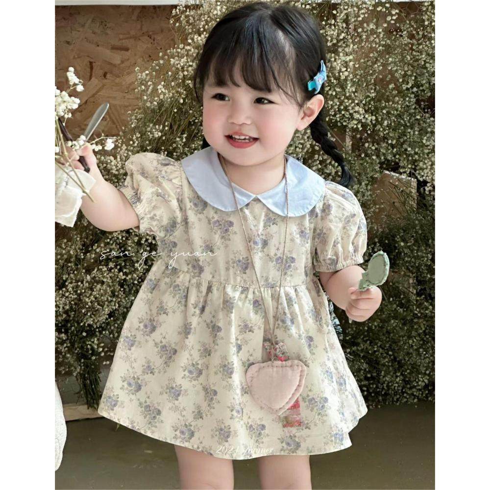 女童连衣裙夏季新款蓝色森系碎花翻领小清新公主裙系带裙子童装
