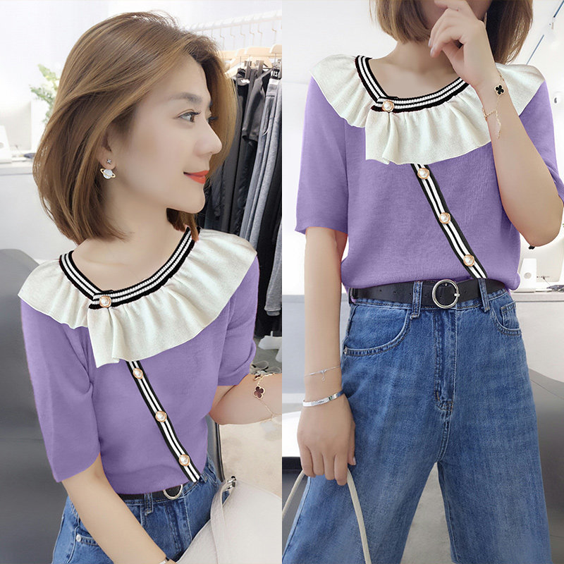 欧洲站2020新款夏装欧货潮夏季紫色洋气荷叶领短袖女针织T恤上衣