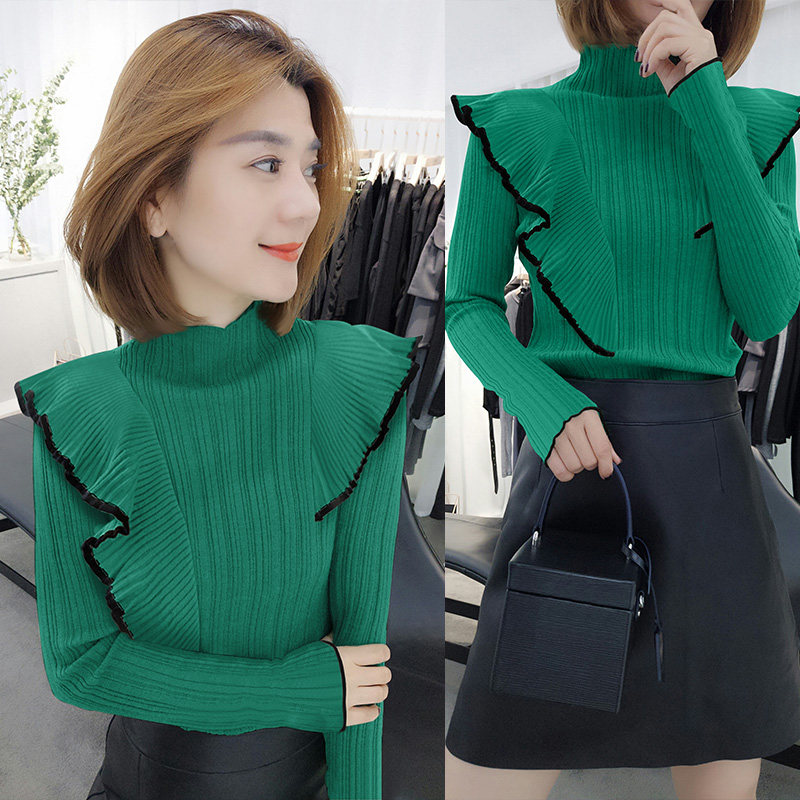 欧洲站秋装2020新款女欧货墨绿色荷叶边针织衫毛衣秋冬半高领内搭