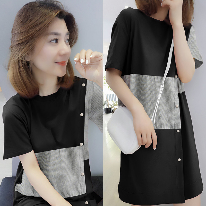 欧洲站2020新款夏装欧货潮夏天小个子休闲连衣裙女宽松拼接T恤裙