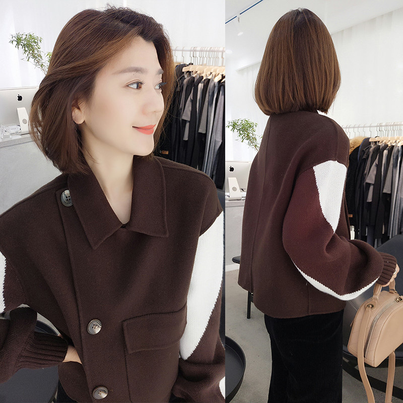 欧洲站秋冬装2020新款欧货加厚毛呢外套女短款小个子呢子拼接大衣