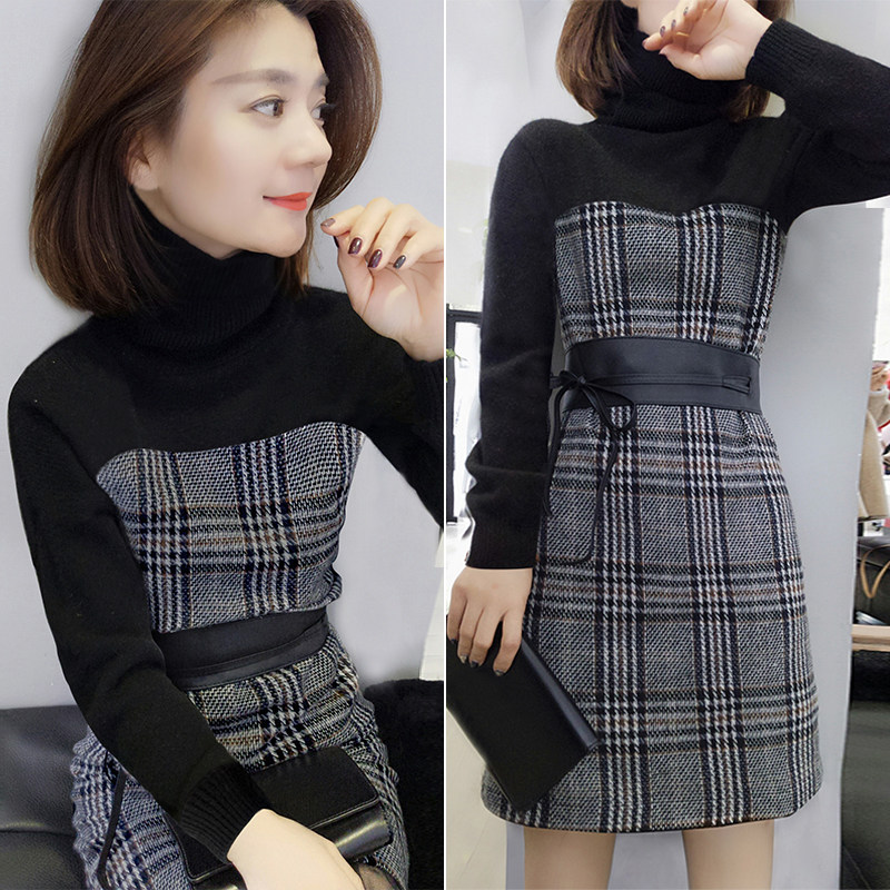 欧洲站冬装2020年新款欧货秋冬高端减龄毛呢拼接连衣裙女打底裙子