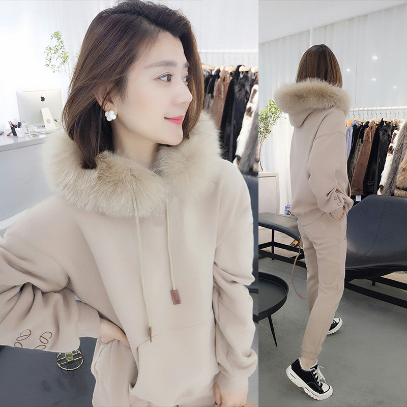 欧洲站2020秋冬新款女欧货减龄时尚卫衣套装加绒加厚女裤子两件套