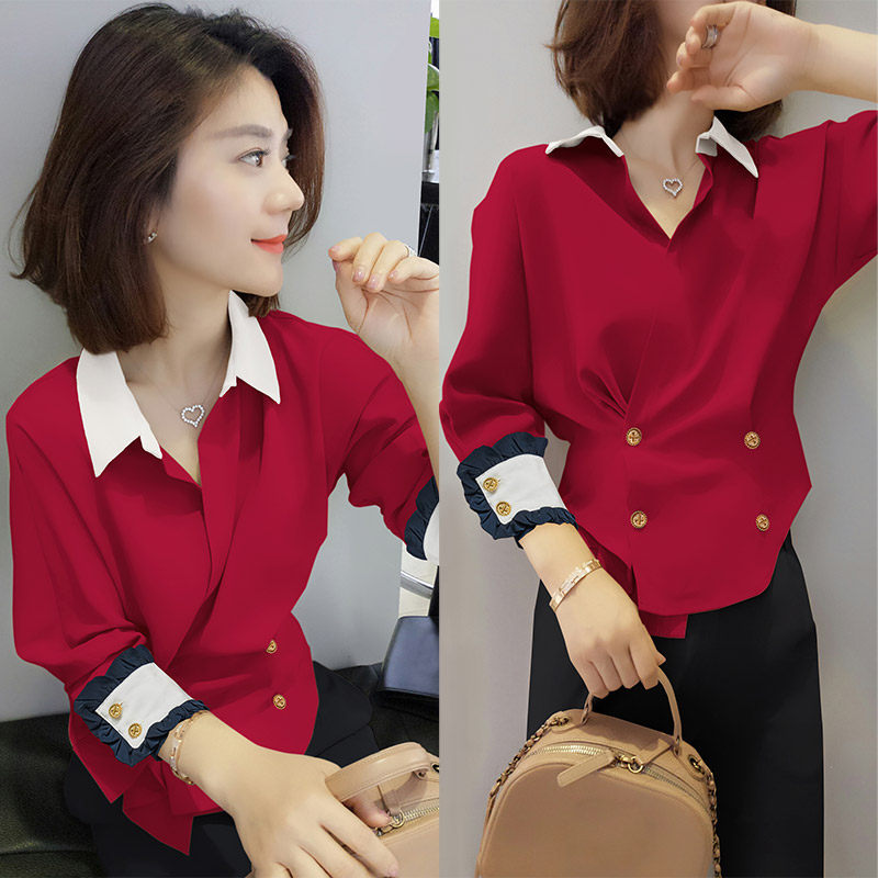 欧洲站秋装2020新款初秋款女士收腰衬衫红色女人味七分袖气质上衣