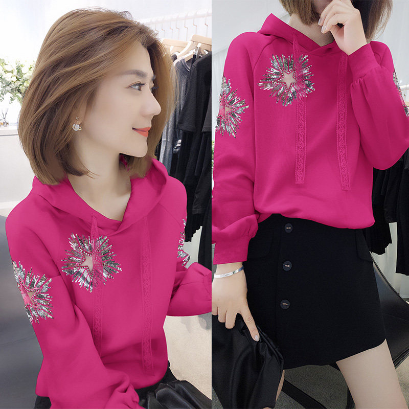欧洲站秋装2020年新款欧货秋季高端亮片上衣玫红色连帽卫衣女短款