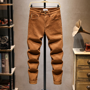 牛仔裤男修身小脚韩版潮流新品裤子弹性百搭水洗流行棕色休闲裤