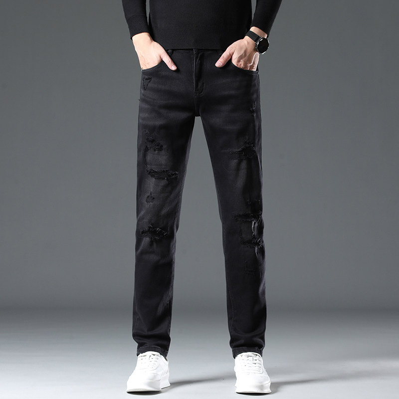 香港高端黑色破洞牛仔裤男修身小脚2026秋冬季新款休闲长裤子潮9
