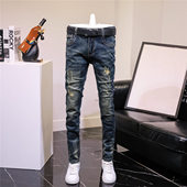 复古2025年牛仔裤 男潮牌修身 小脚韩版 男士 潮流破洞百搭男裤 子秋冬