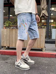 男款 修身 五分裤 夏季 5分马裤 牛仔短裤 潮牌中裤 浅蓝泼墨J1013 薄款