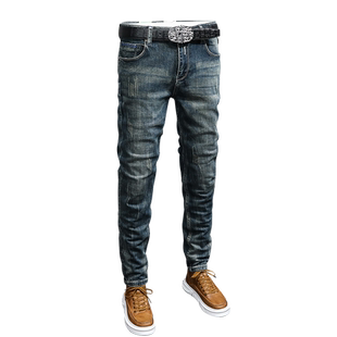 春秋季复古怀旧水洗修身小脚牛仔裤男弹力欧美乱刮痕潮流百搭长裤