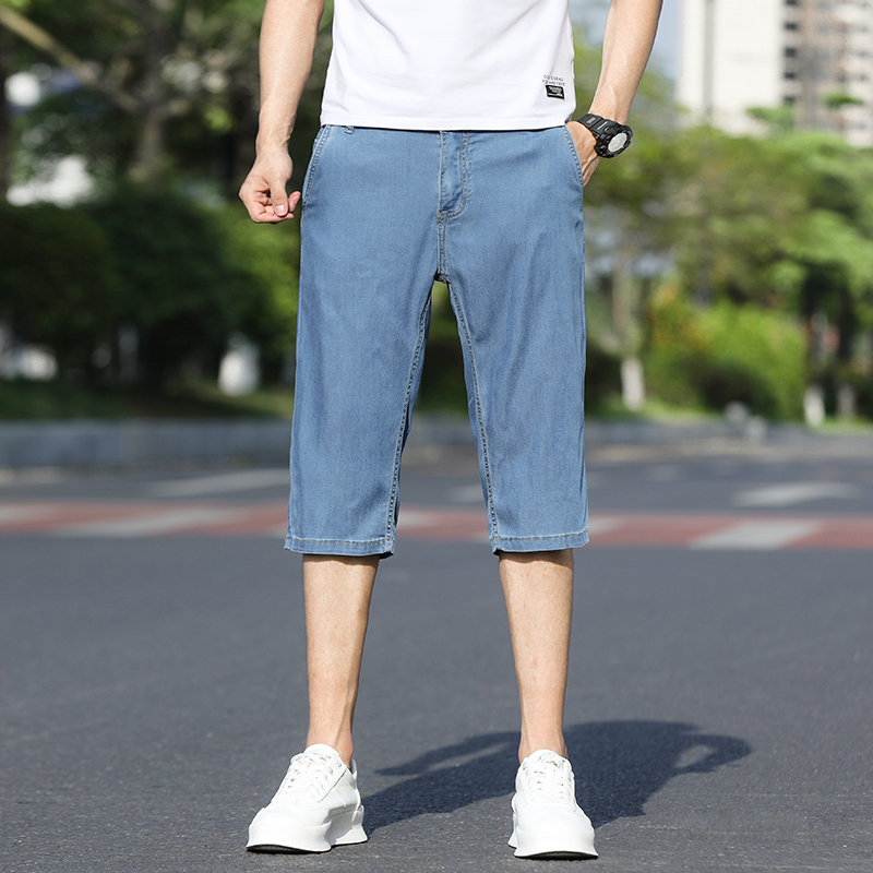 冰丝夏季薄款牛仔短裤冰氧吧天丝凉感阔腿宽松潮流七分裤马裤男