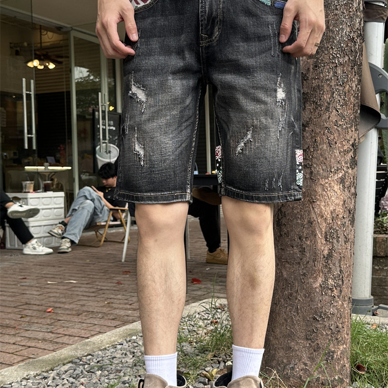 破洞拼接牛仔短裤男款复古修身直筒五分裤潮牌弹力百搭休闲中裤子