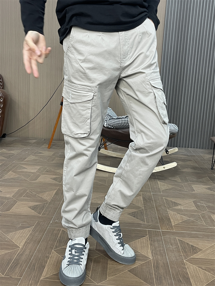 春秋工装裤男款时尚休闲裤修身束脚拼接长裤子百搭时尚弹力浅灰色