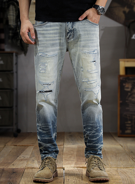 秋冬牛仔裤男款修身小直筒弹力休闲长裤子青年百搭破洞补丁NS107