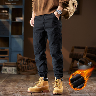 加绒秋冬季新款水洗美式复古弹力工装裤男潮牌束脚宽松休闲长裤子