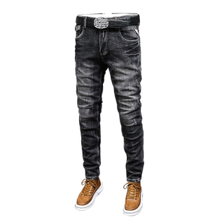 春秋休闲牛仔裤男修身小直筒潮牌裤子长裤黑灰水洗工艺磨白乱刮痕