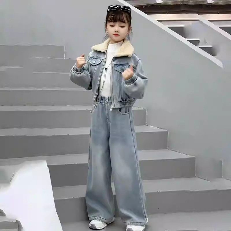 NEXT JANSO女童加绒牛仔套装冬装网红加厚直筒阔腿裤炸街两件套潮