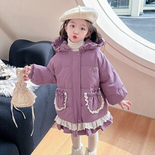 VYEO女童冬季洛丽塔小香风女宝宝超轻便中长款冬装加厚连帽羽绒服