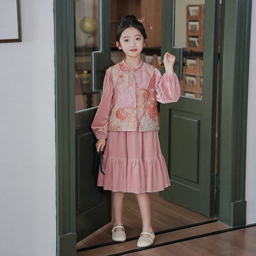 VYEO女童汉服丝绒旗袍裙两件套