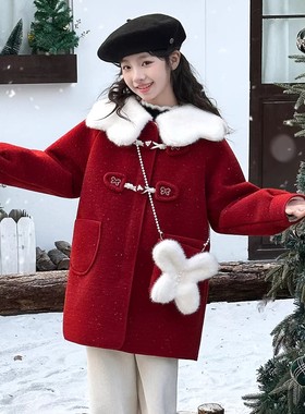 NEXT JANSO女童红色毛呢衣服冬2026新款新年女大童加厚本命年外套
