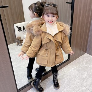 VYEO女童冬季派克服棉服2026新款儿童真毛领时髦加厚加绒棉衣外套